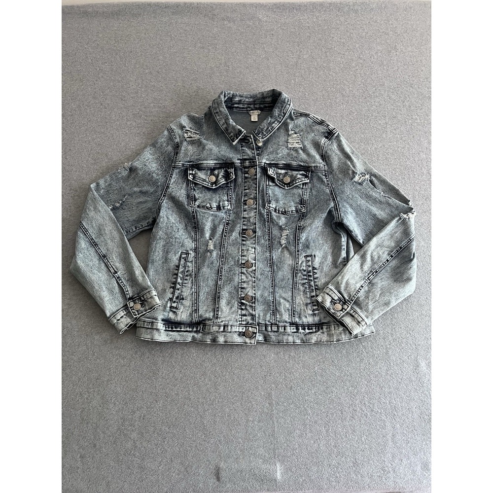 CATO Women Denim Jacket Trucker L Blue Jean‎ Cropped Pockets Distressed